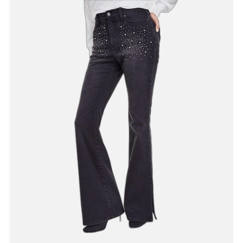 INC Denim Jeans High Rise Flare Black Wash Rhinestones Studded at front NWT 6 💖